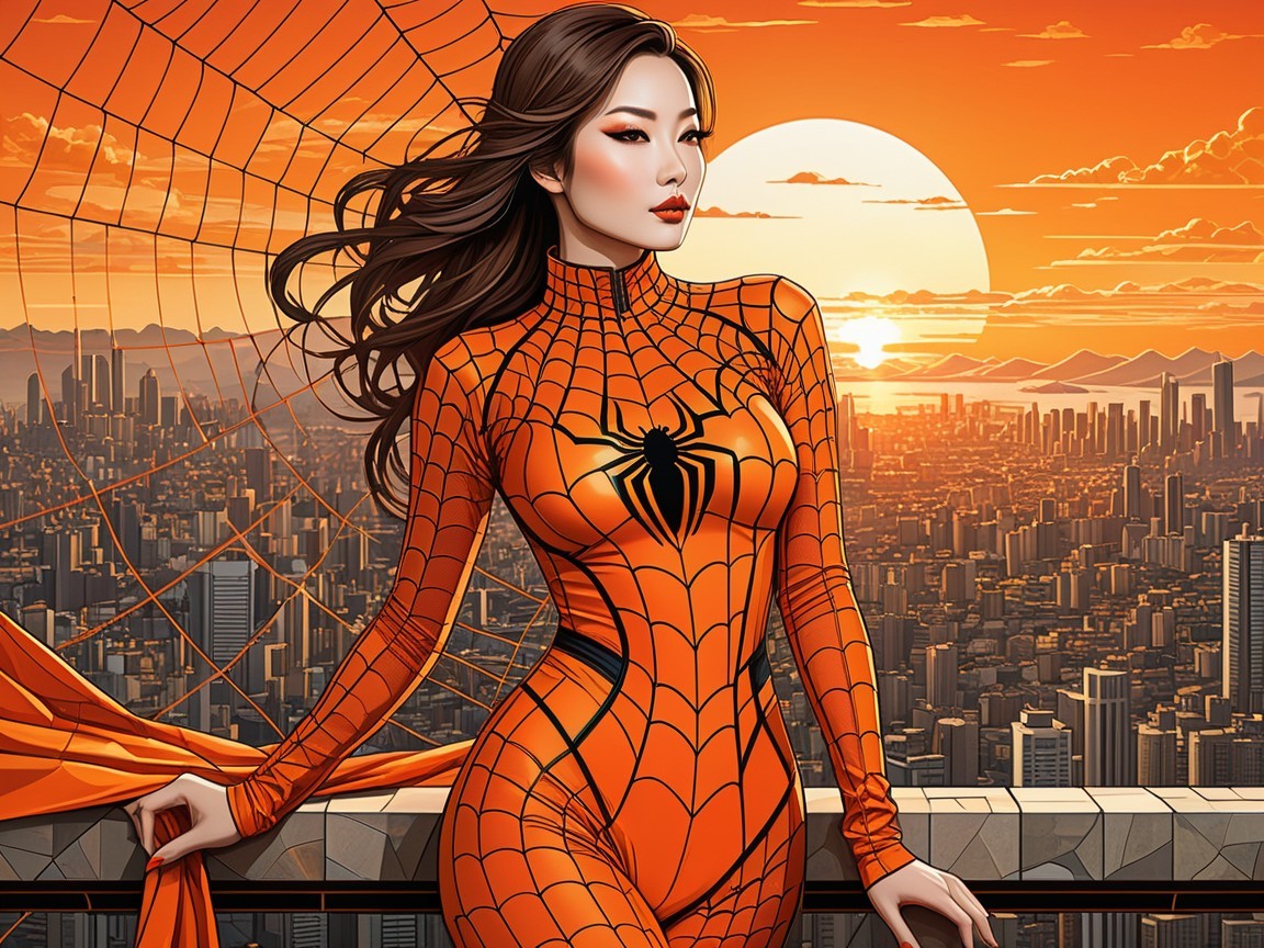 Superheroine in Spider-Themed Suit Against Sunset Skyline