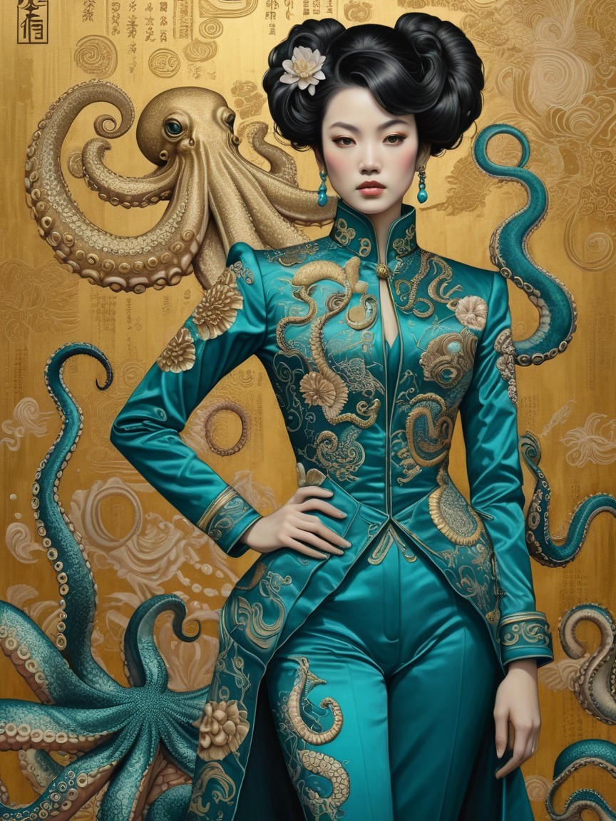 Teal Outfit with Gold Octopus Motifs and Background