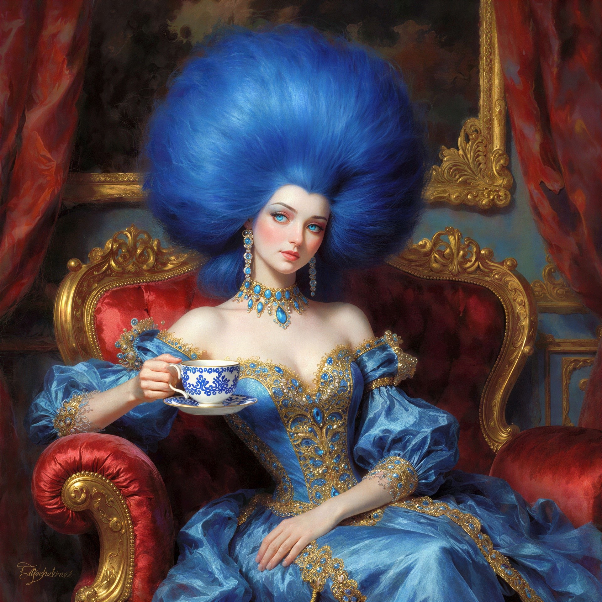 Woman with Light Blue Eyes in Elegant Chair Setting