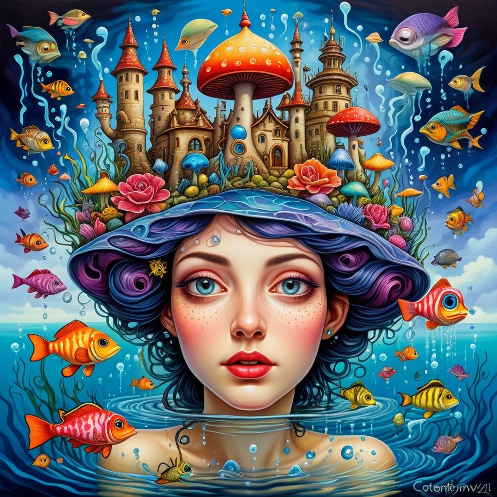 Surreal Illustration of Woman in Water with Castle