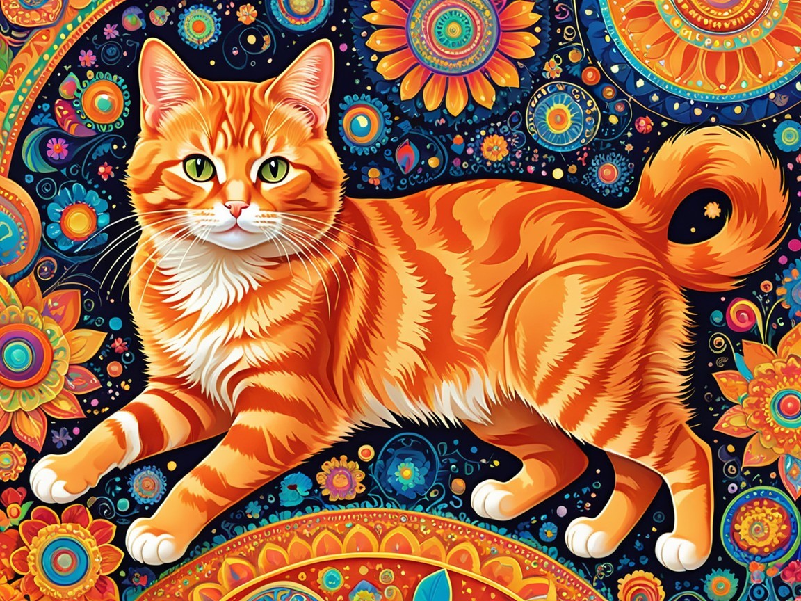 Orange Tabby Cat Against Colorful Floral Background