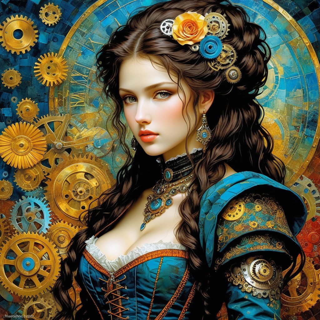 Steampunk Woman in Blue Corset with Clockwork Background