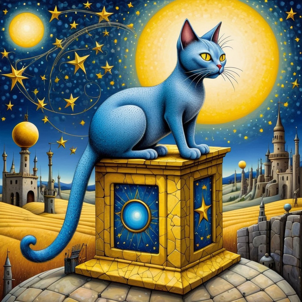 Blue Cat on Gold Pedestal in Dreamy Fantasy Landscape