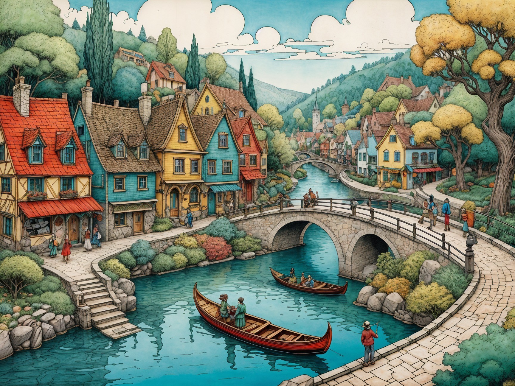 Charming Village with Colorful Houses and River Scene