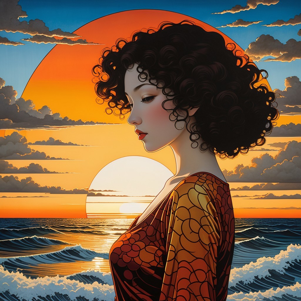 Silhouette of a Woman at Sunset Over Ocean Waves