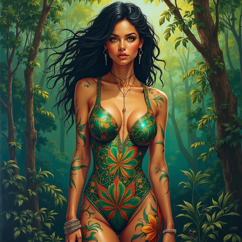 Woman in Leaf-Patterned Swimsuit in Lush Forest