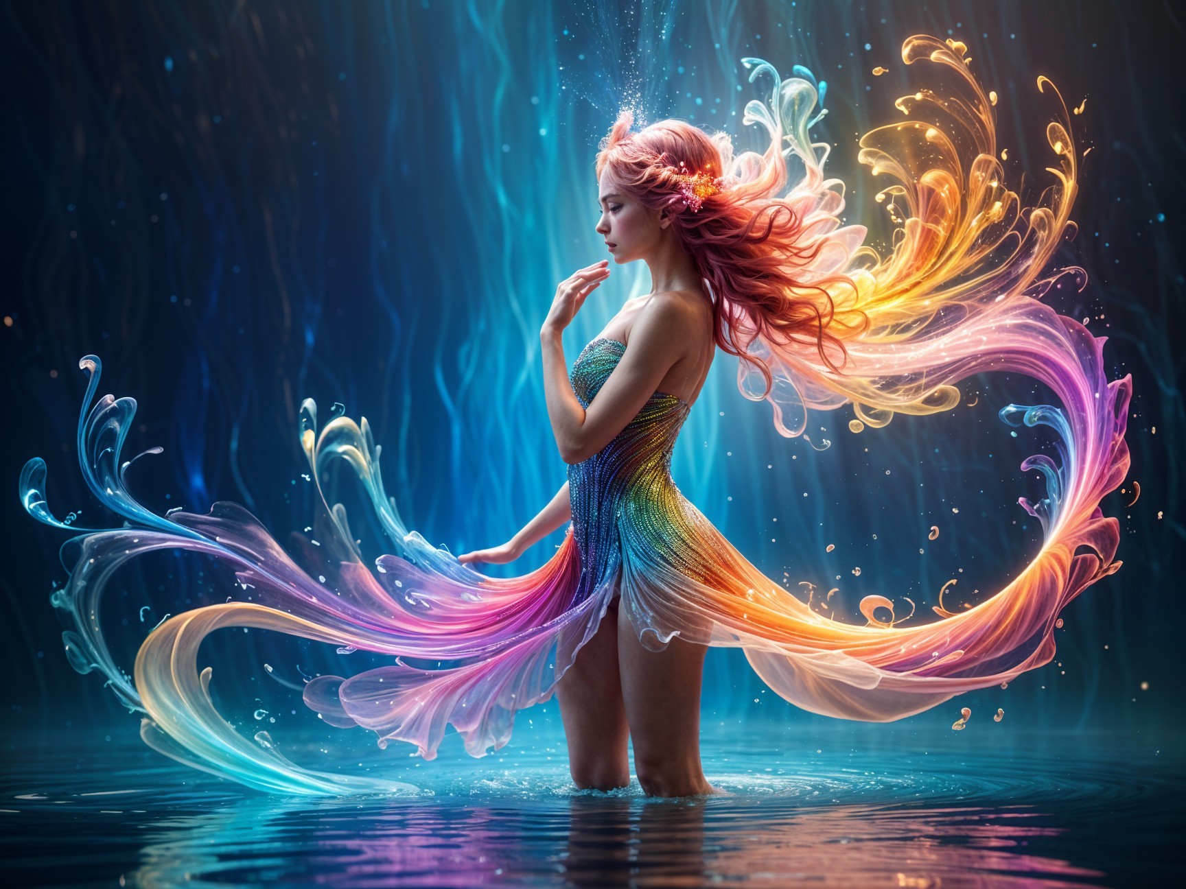 Graceful figure in shimmering water with vibrant colors