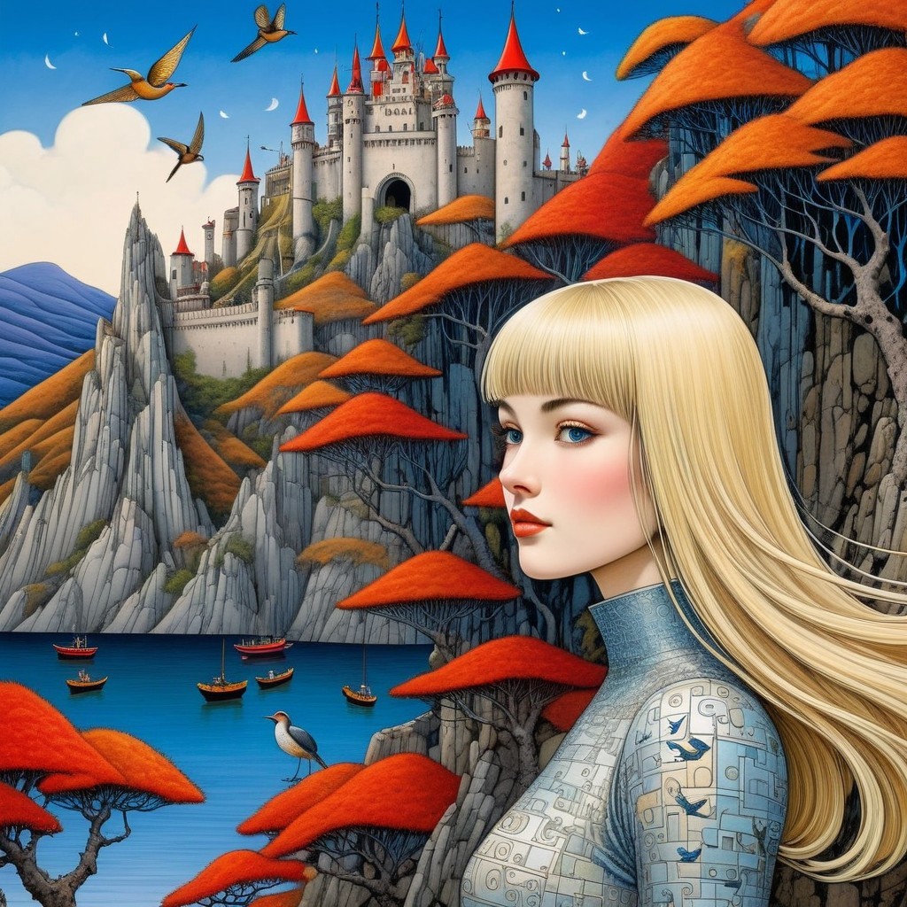 Futuristic Woman Overlooking Tranquil Lake Landscape