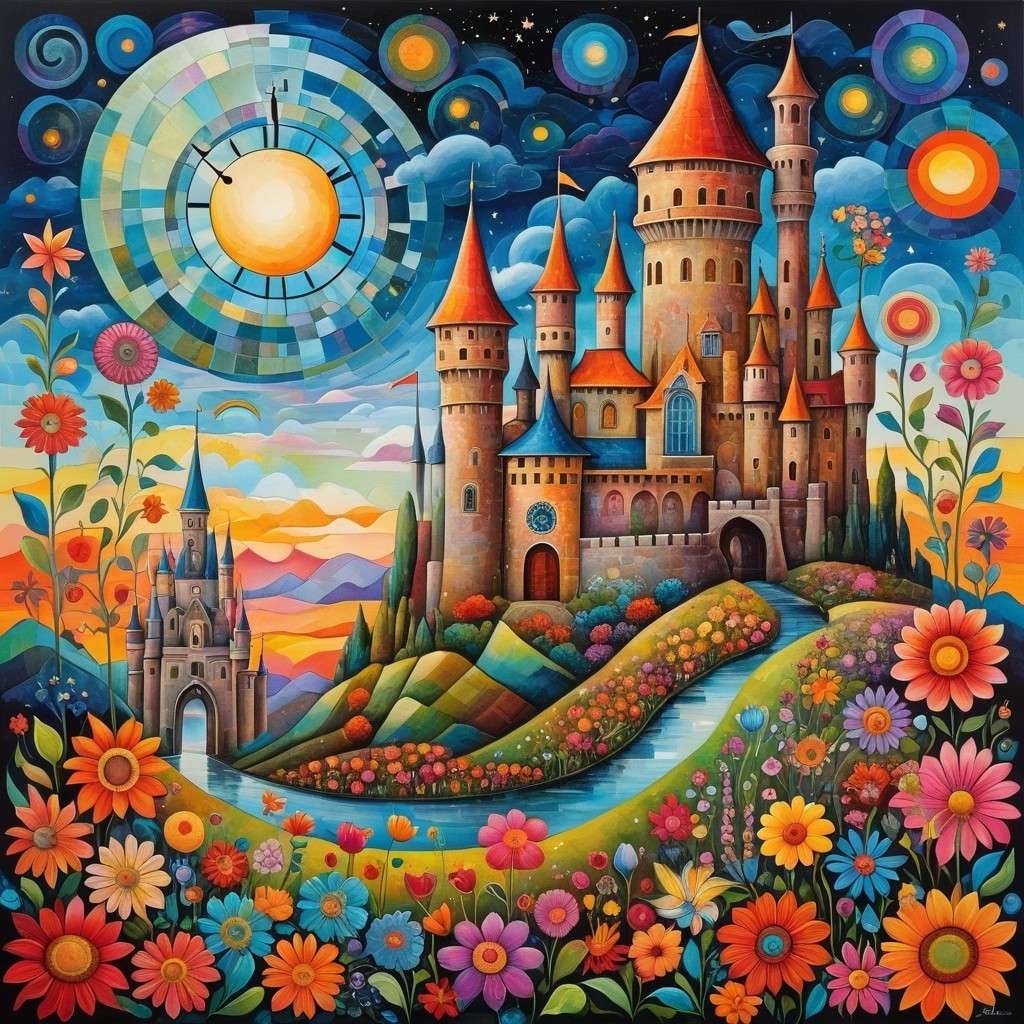 Whimsical Landscape with Castle and Colorful Flowers