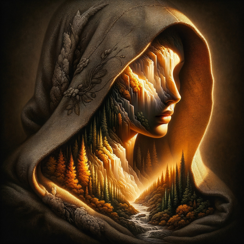Cloaked Figure with Landscape Face and Waterfalls