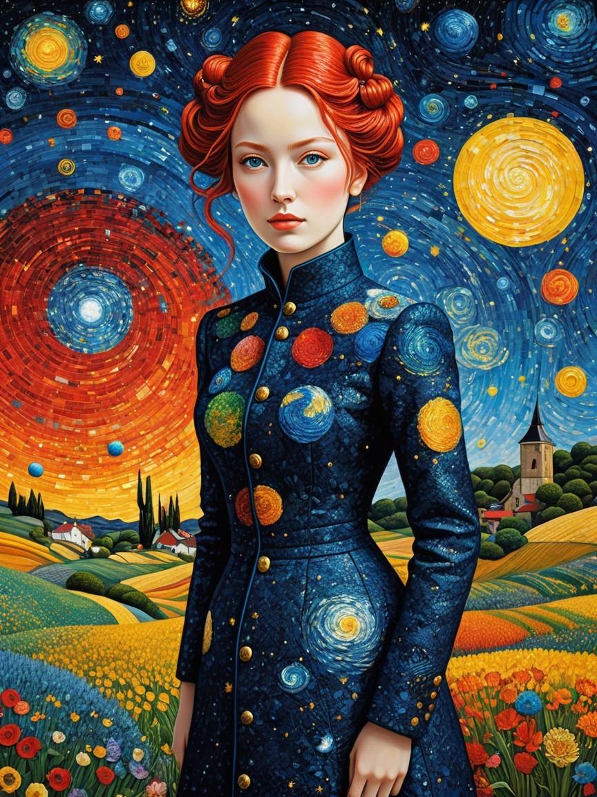 Young woman with red curls in cosmic backdrop