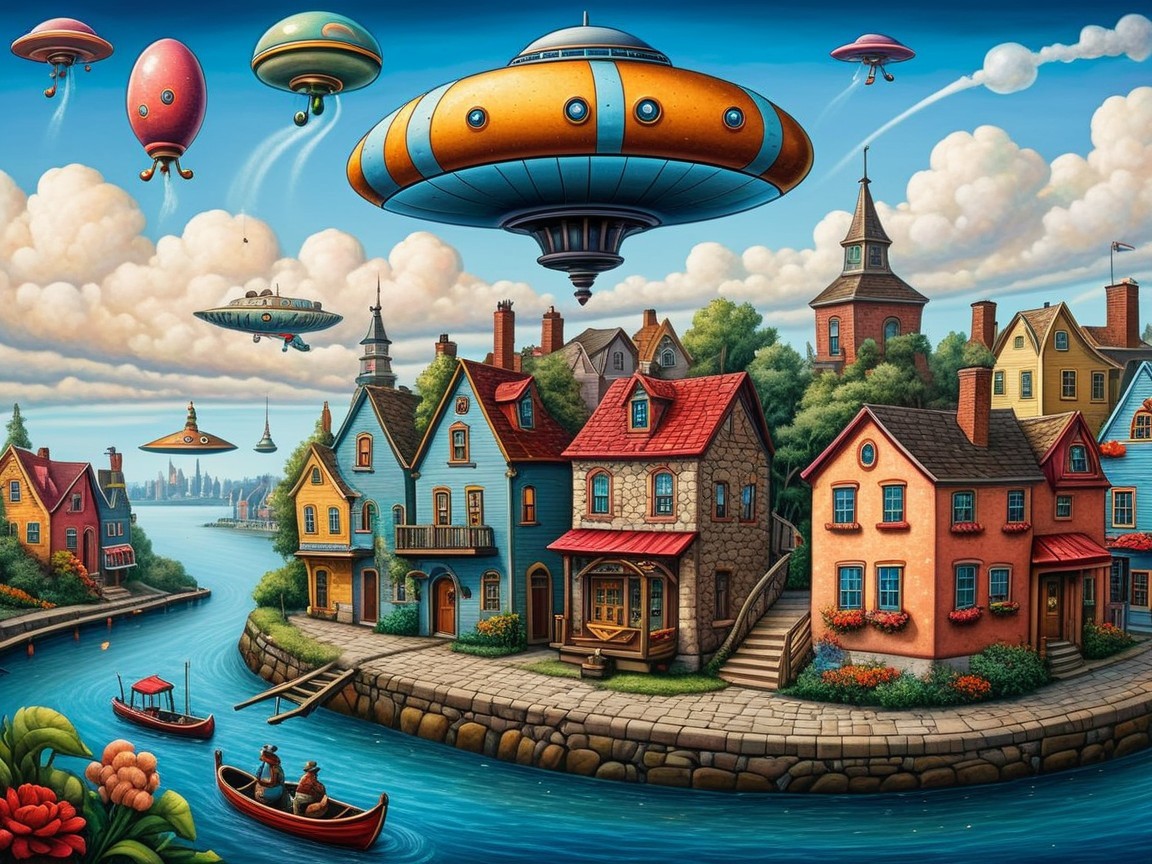 Colorful Houses and Flying Saucers by a River