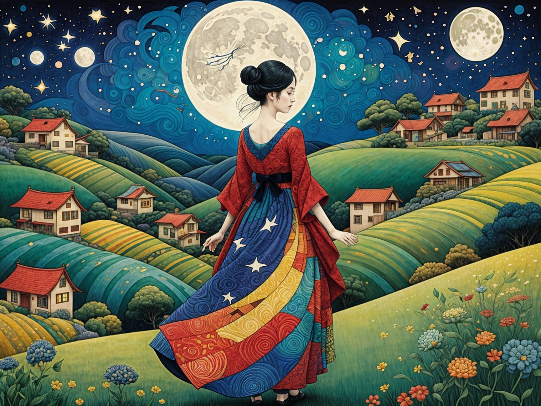 Serene Night Scene with Woman and Rolling Hills