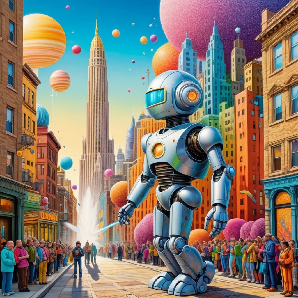 Large Robot in Vibrant City with Colorful Planets