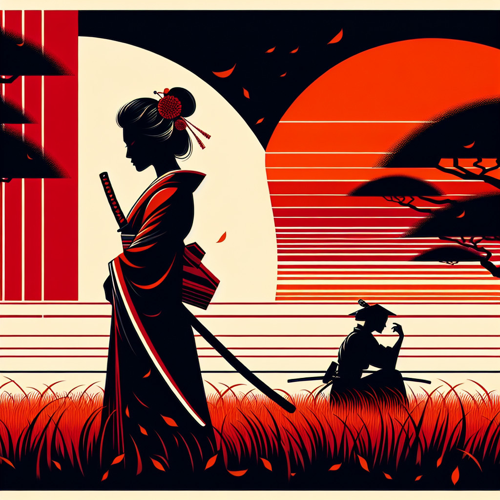 Silhouetted Samurai and Woman Against Vibrant Sunset