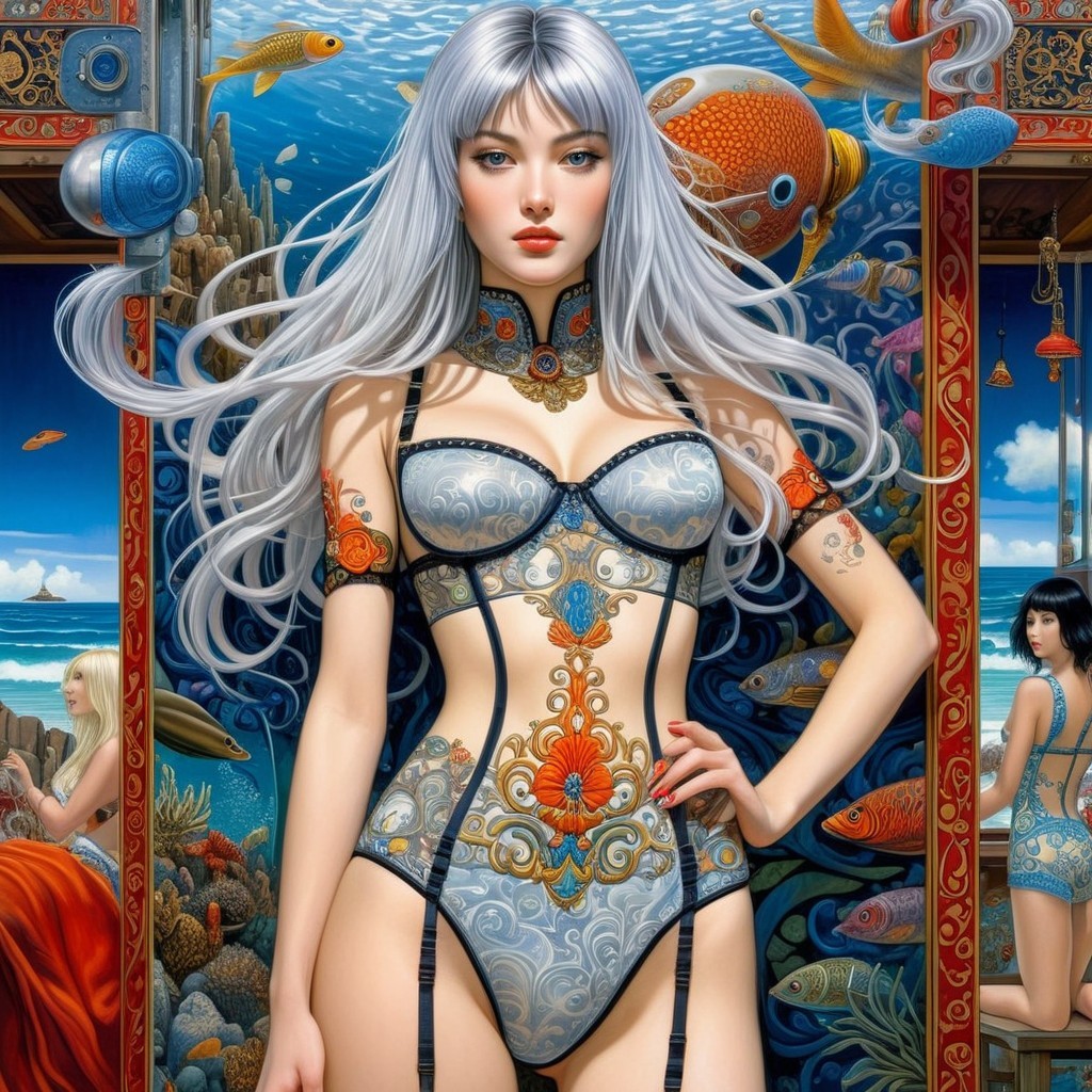 Female figure in vibrant bodysuit in underwater scene