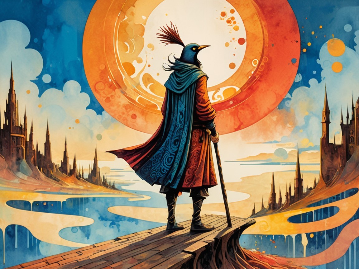 Surreal Landscape with Ornate Figure and Castles