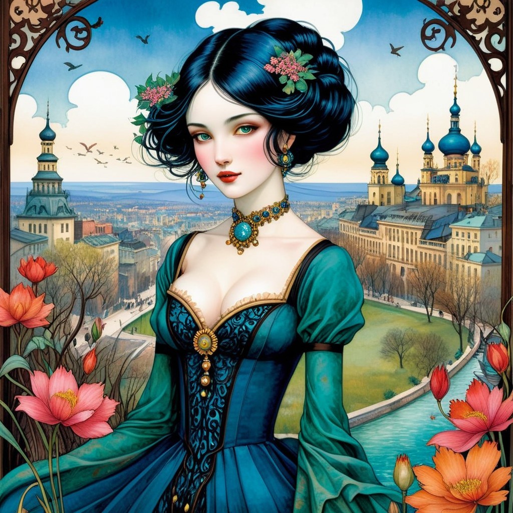 Illustration of a Woman in Teal Gown with Scenic Background
