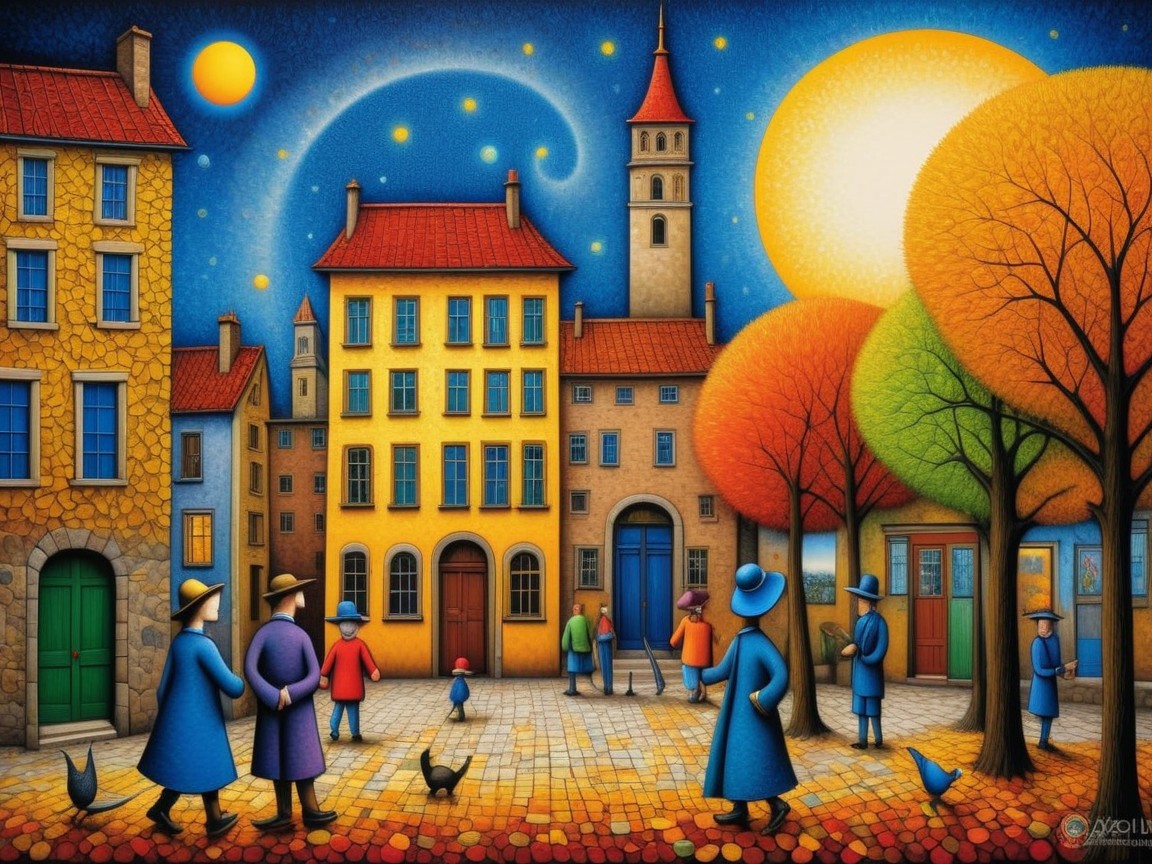Colorful Town Square with Autumn Trees and Church Tower