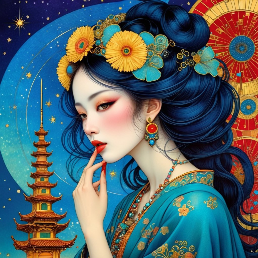 Serene Woman in Turquoise Kimono with Starry Sky