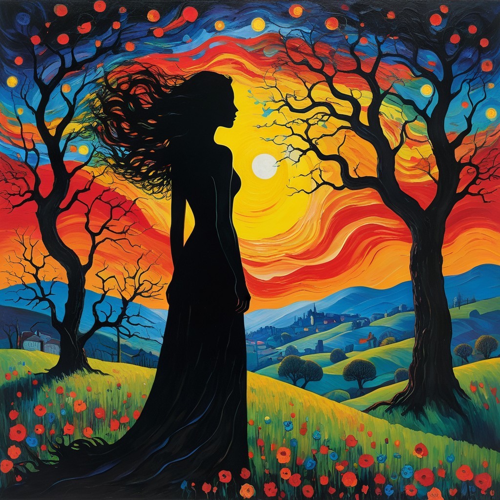 Silhouetted Woman in Vibrant Sunset Landscape