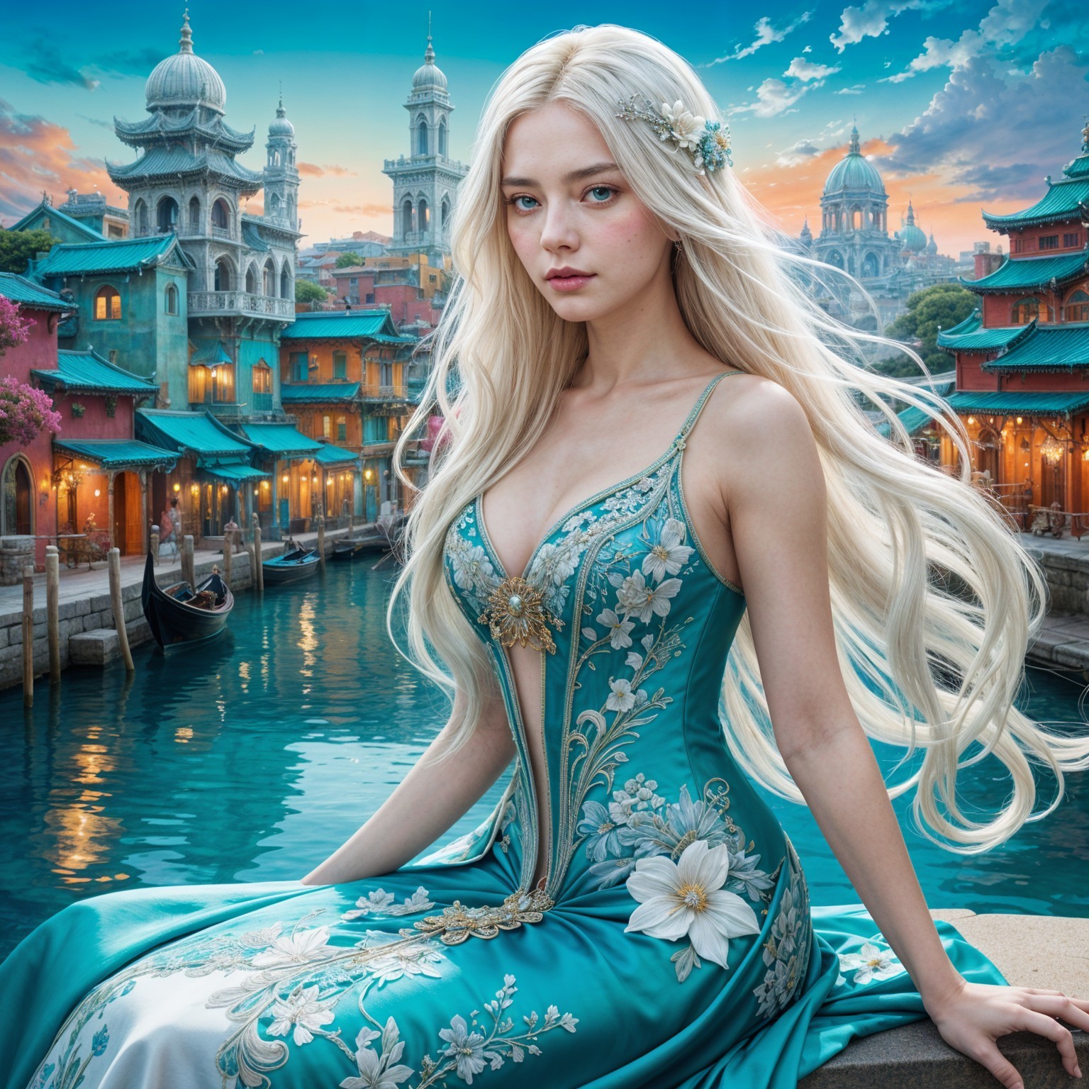 Young woman in turquoise gown by tranquil river at sunset