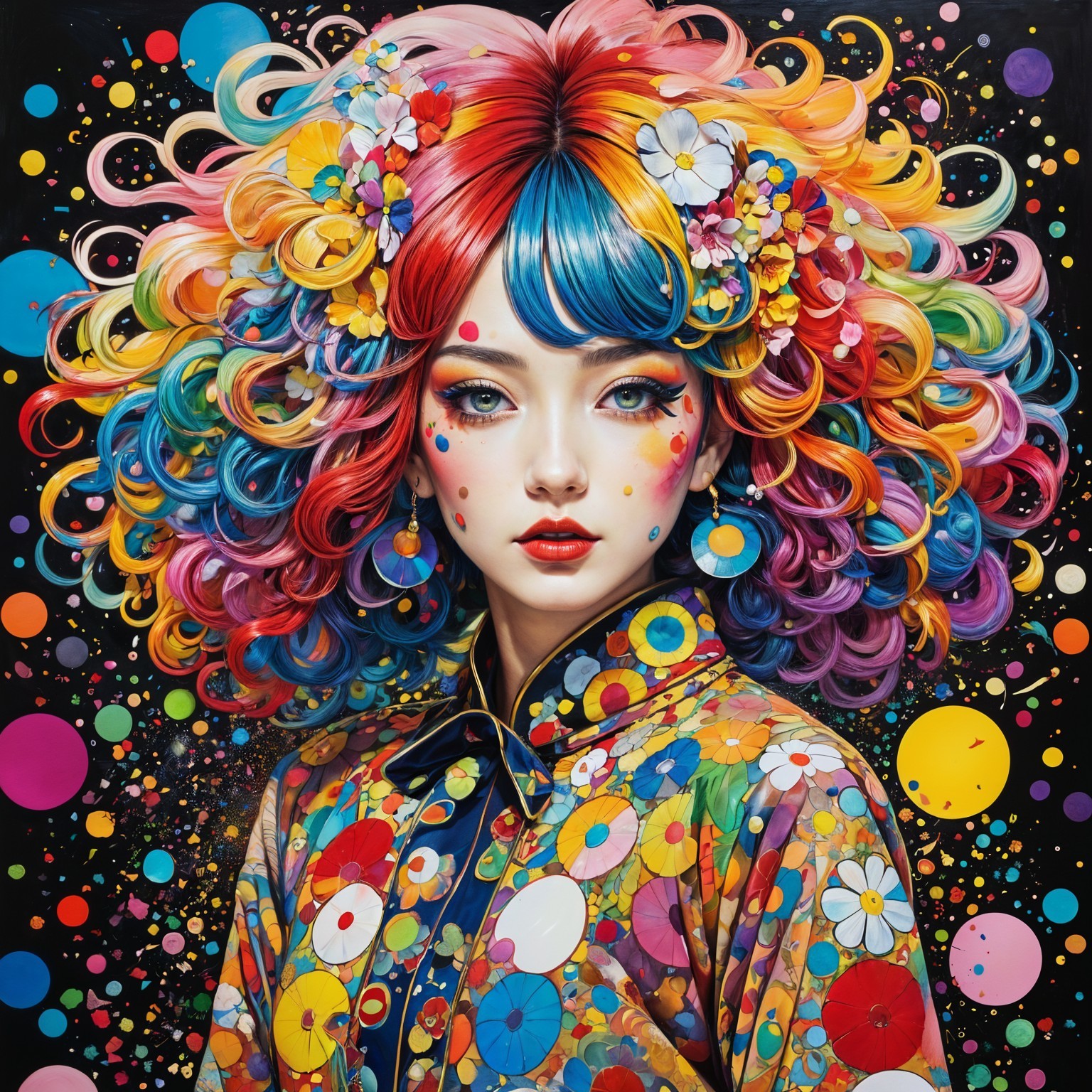 Portrait of a woman with rainbow curls and flowers