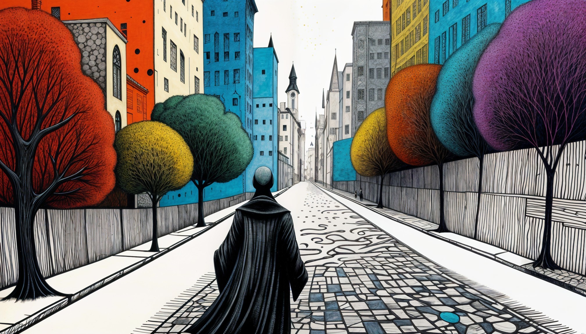 Vibrant Urban Landscape with Stylized Trees and Spire