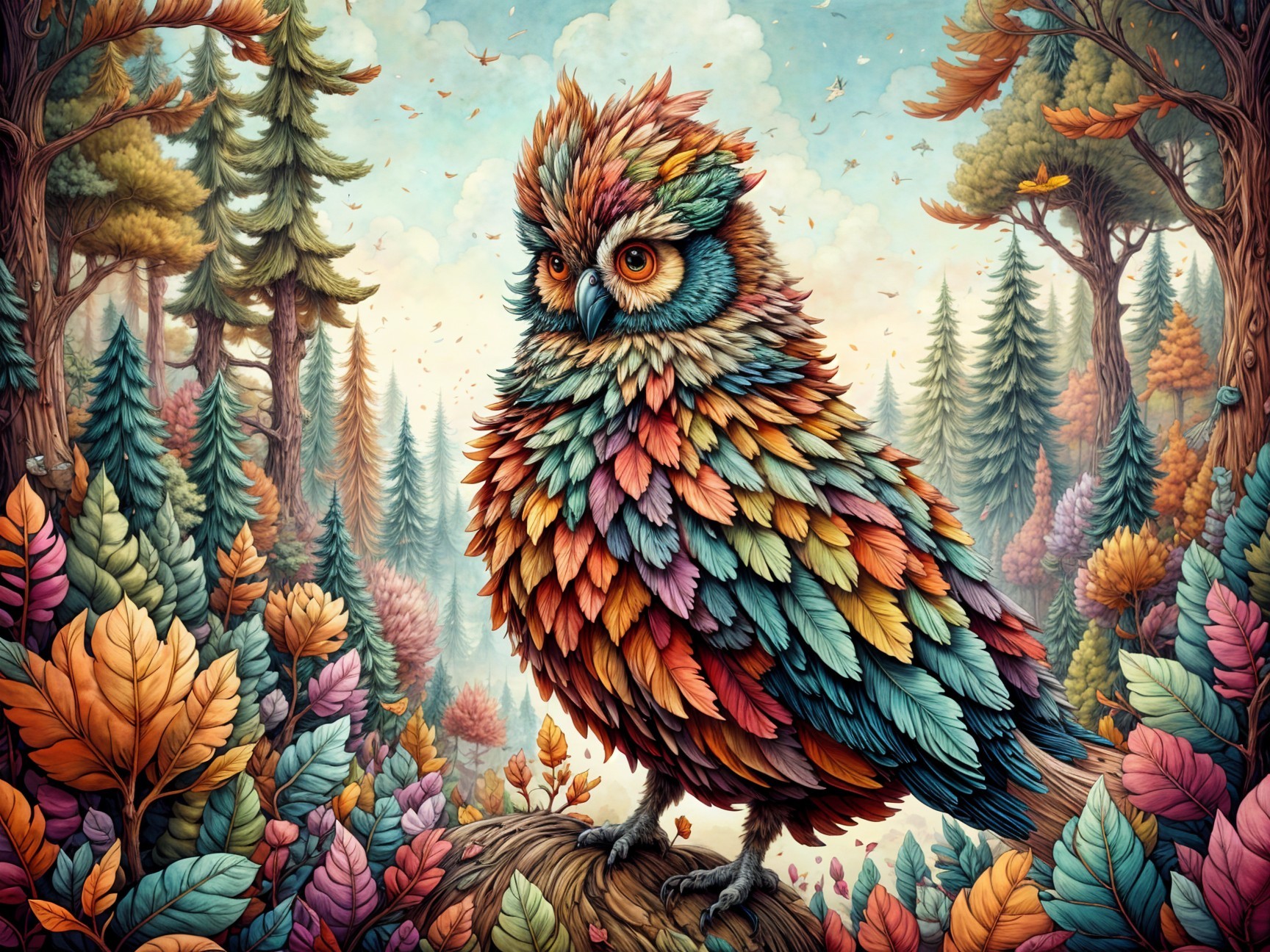 Whimsical Owl in a Vibrant Autumn Forest Setting
