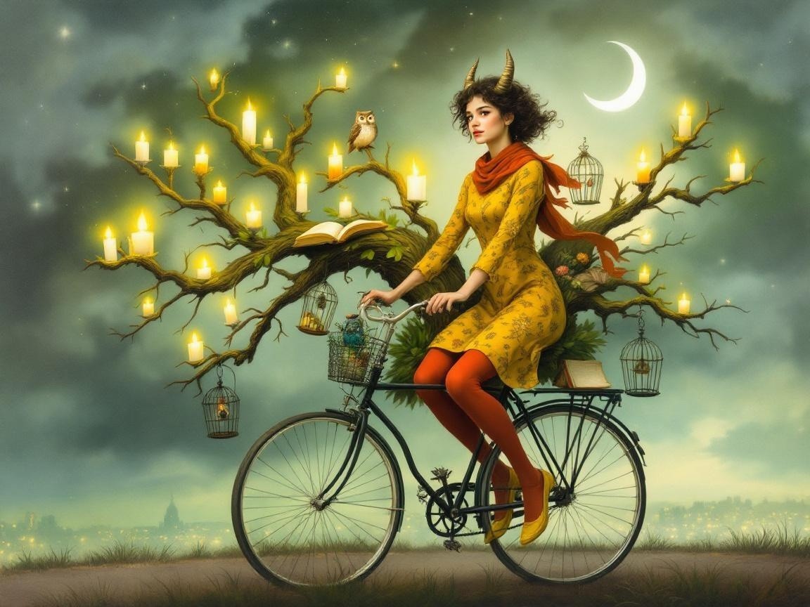 Whimsical Woman on Bicycle with Magical Elements