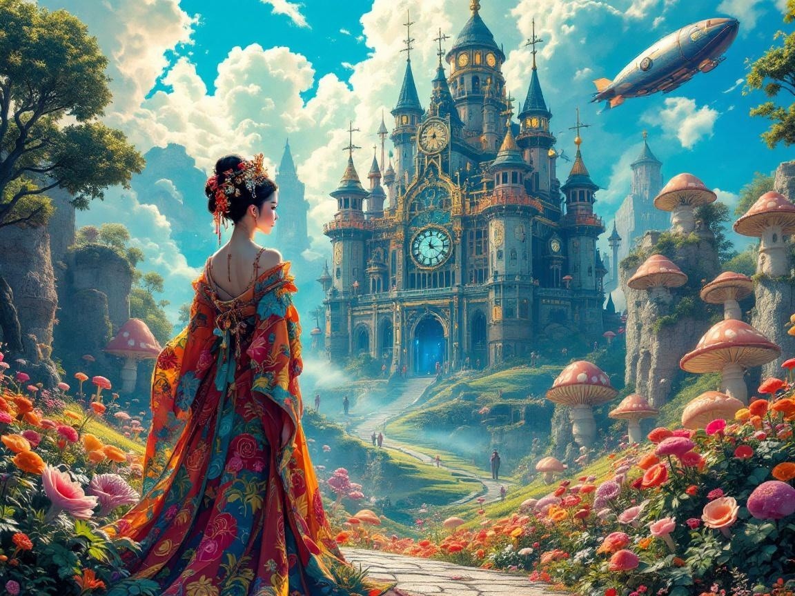 Majestic Castle with Clock Tower in Fantastical Landscape