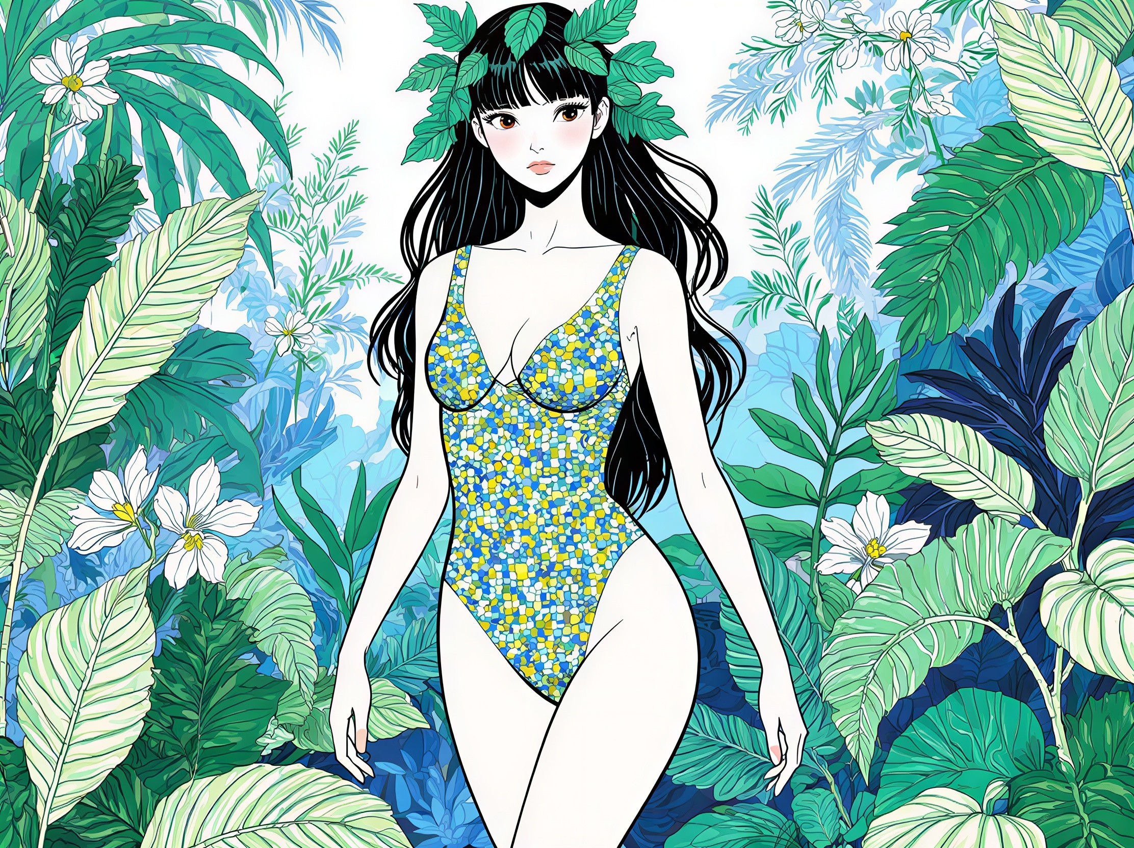 Anime Illustration of Woman in Tropical Garden