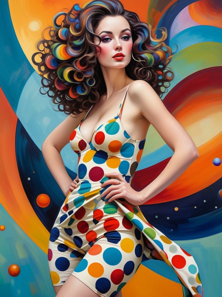 Glamorous Woman in Colorful Curls and Polka-Dot Dress