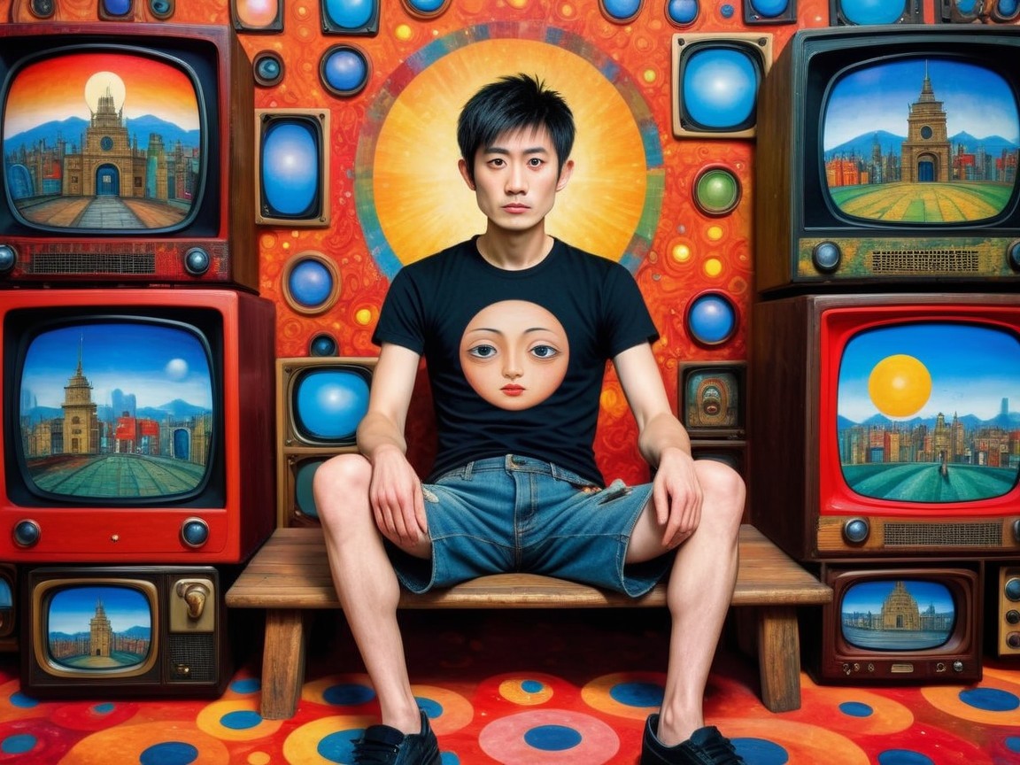 Young man on bench with retro TVs and sunburst backdrop