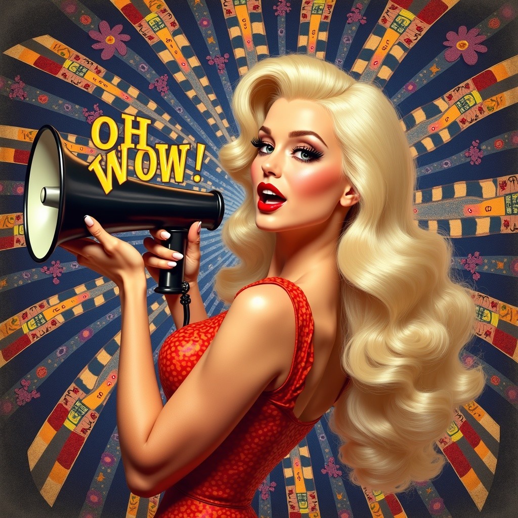 Glamorous Woman in Red Dress with Megaphone