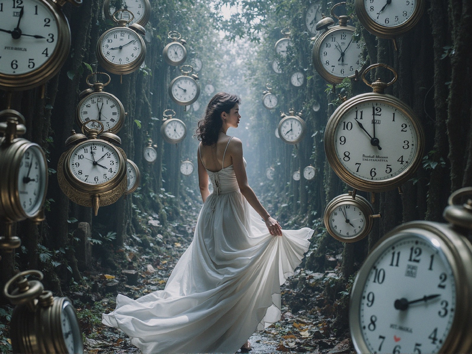 Mystical forest with vintage clocks and a dancing woman