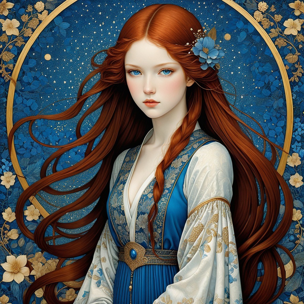 Young woman in elegant gown with floral patterns