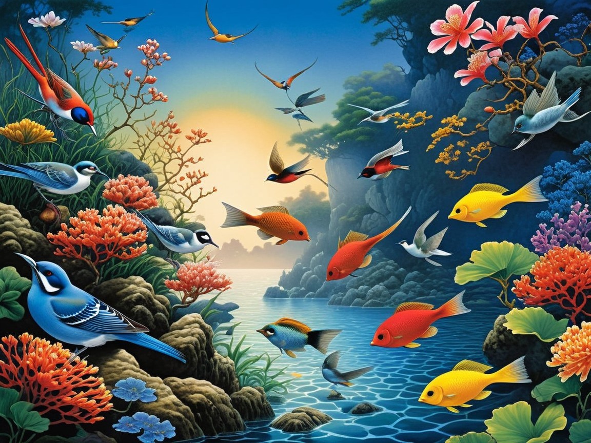 Idyllic Waterway with Coral, Flowers, and Wildlife