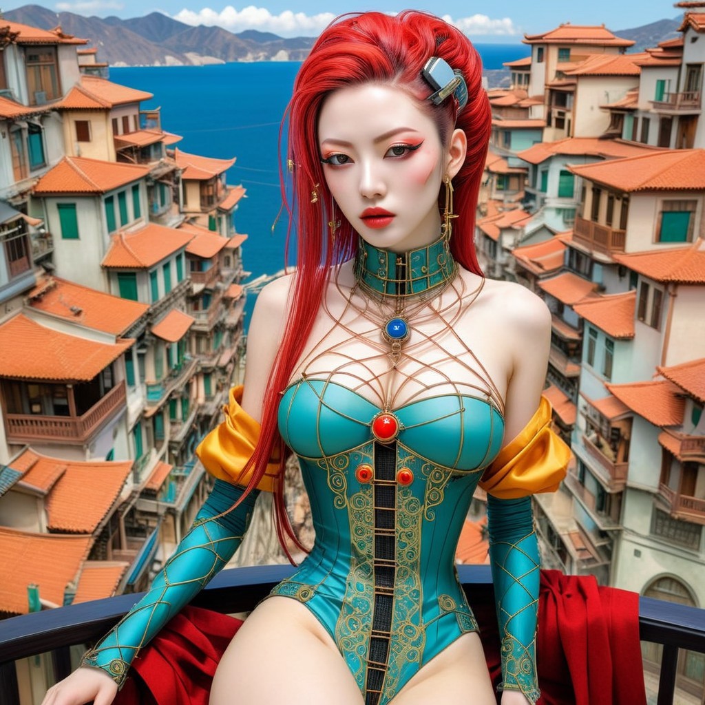 Vibrant Red-Haired Woman on Balcony with Coastal View