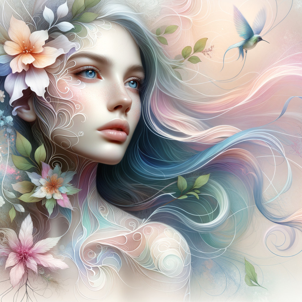 Serene Woman with Pastel Hair and Nature Elements