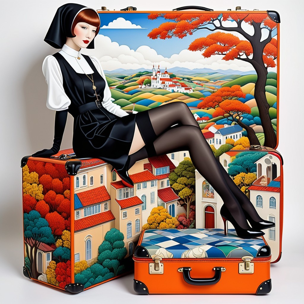Elegant Woman in Black Dress on Vintage Suitcases