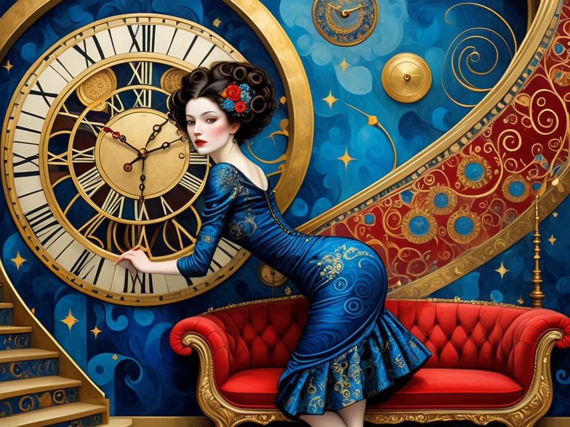 Vintage Woman in Blue Dress by Ornate Clock