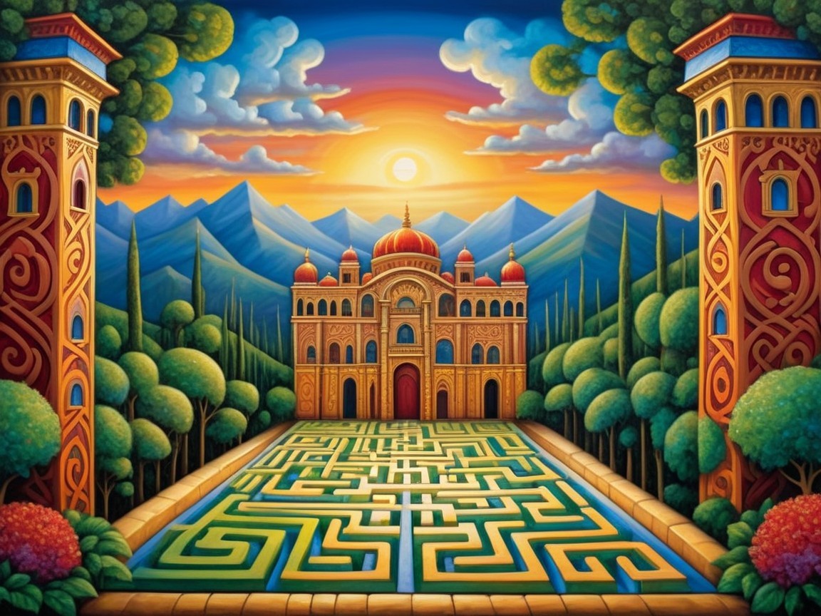 Vibrant landscape with palace, mountains, and sunset