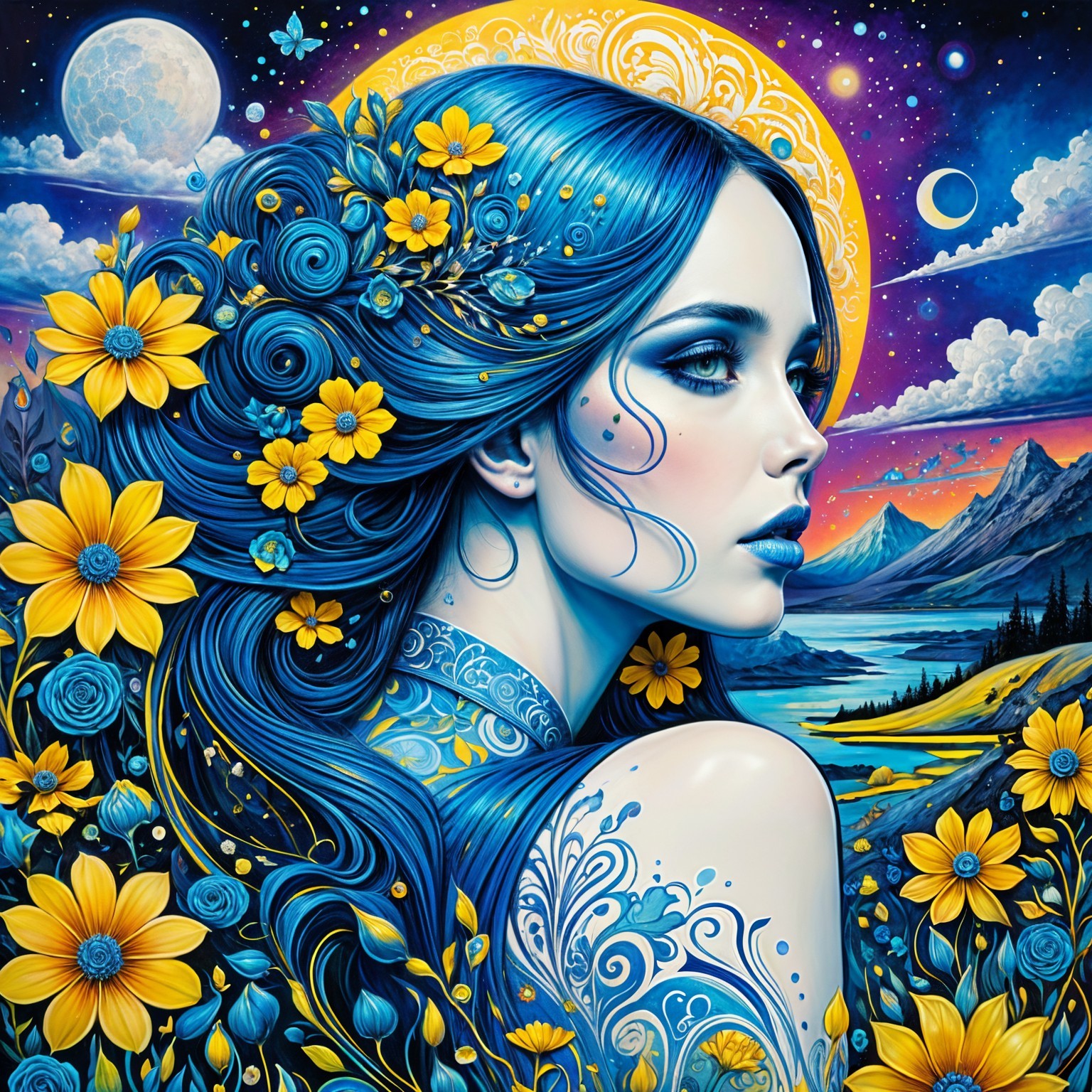 Portrait of a woman with blue hair and celestial background