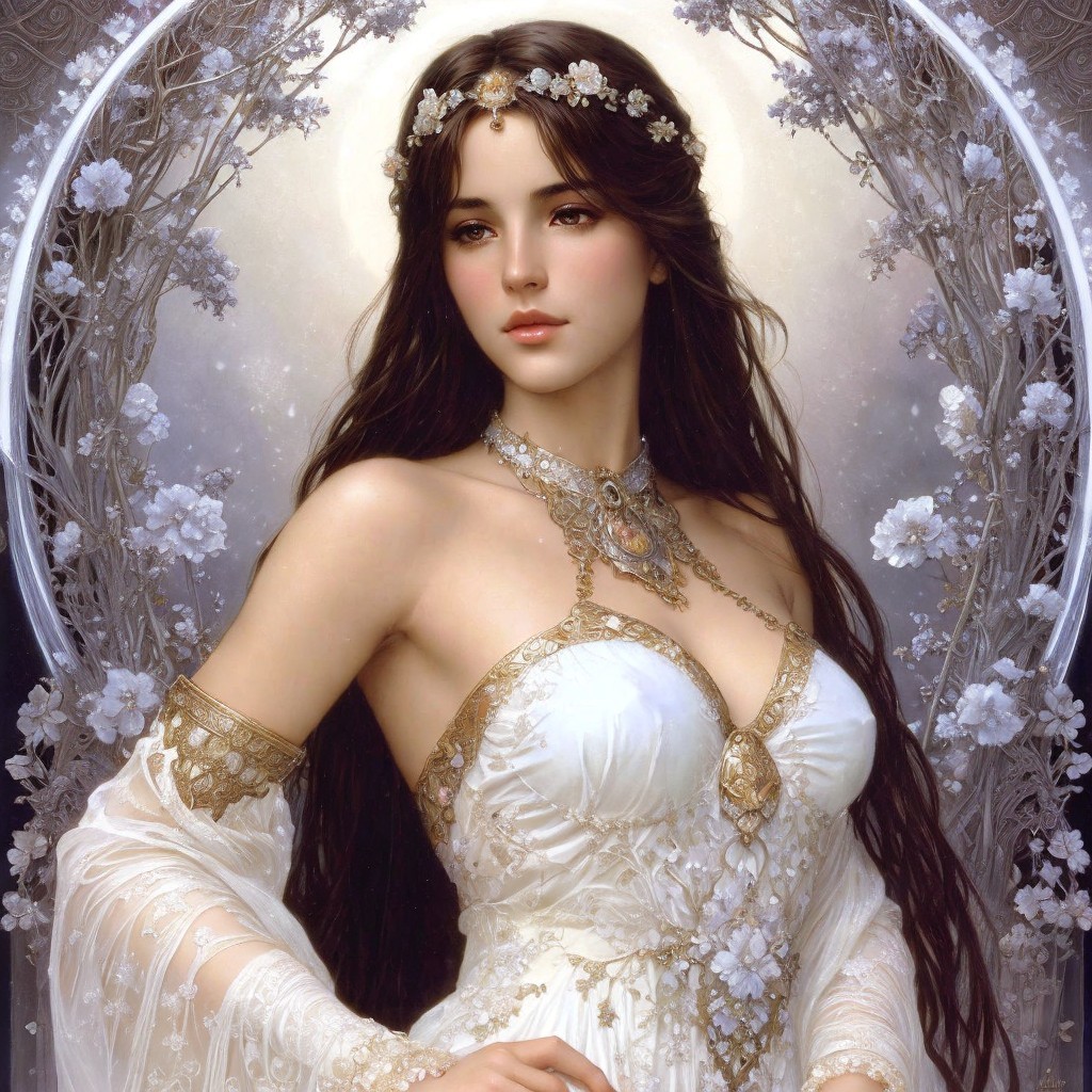 Woman in ethereal gown with floral headpiece and gold details