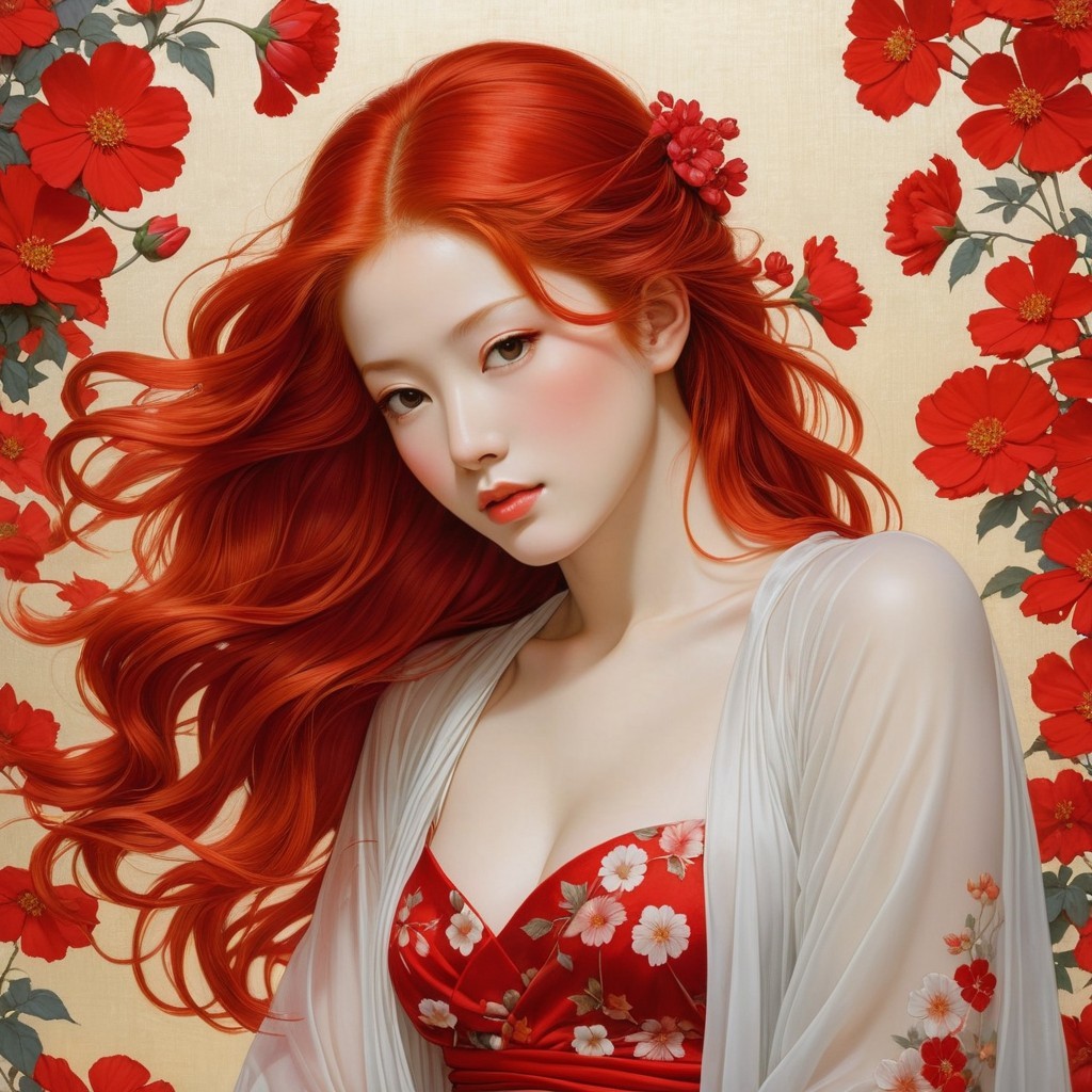 Young woman in red dress with floral backdrop