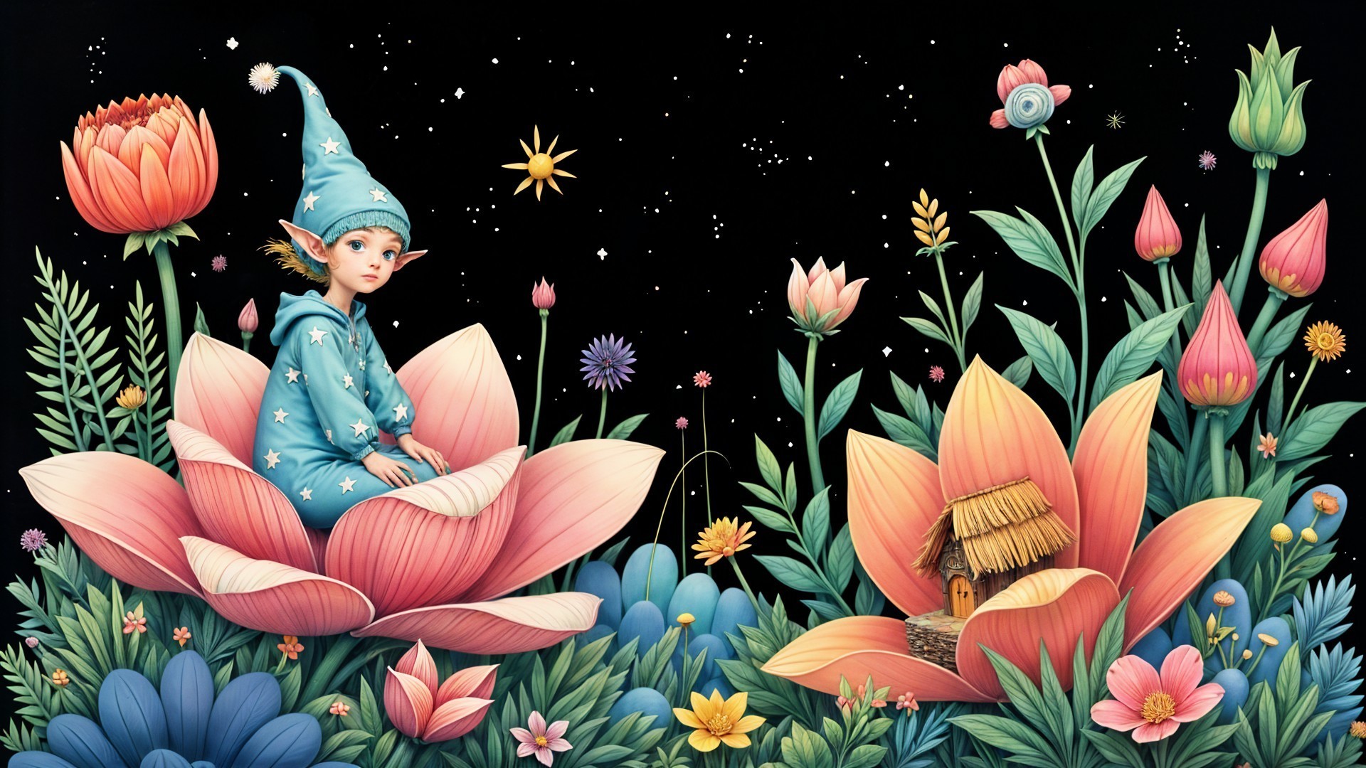 Elf-like figure on pink lotus in a starry garden