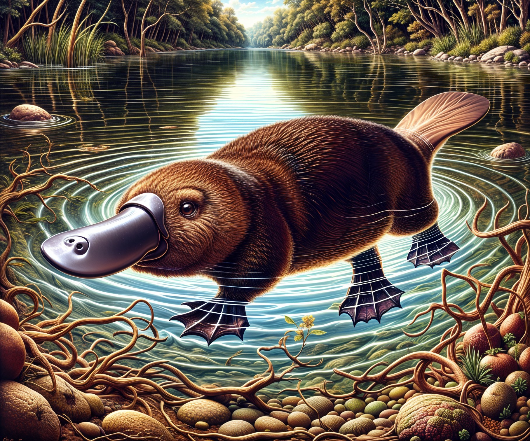 Platypus Swimming in a Serene River Environment