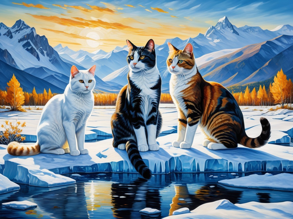 Three Cats on Ice in a Winter Landscape with Mountains