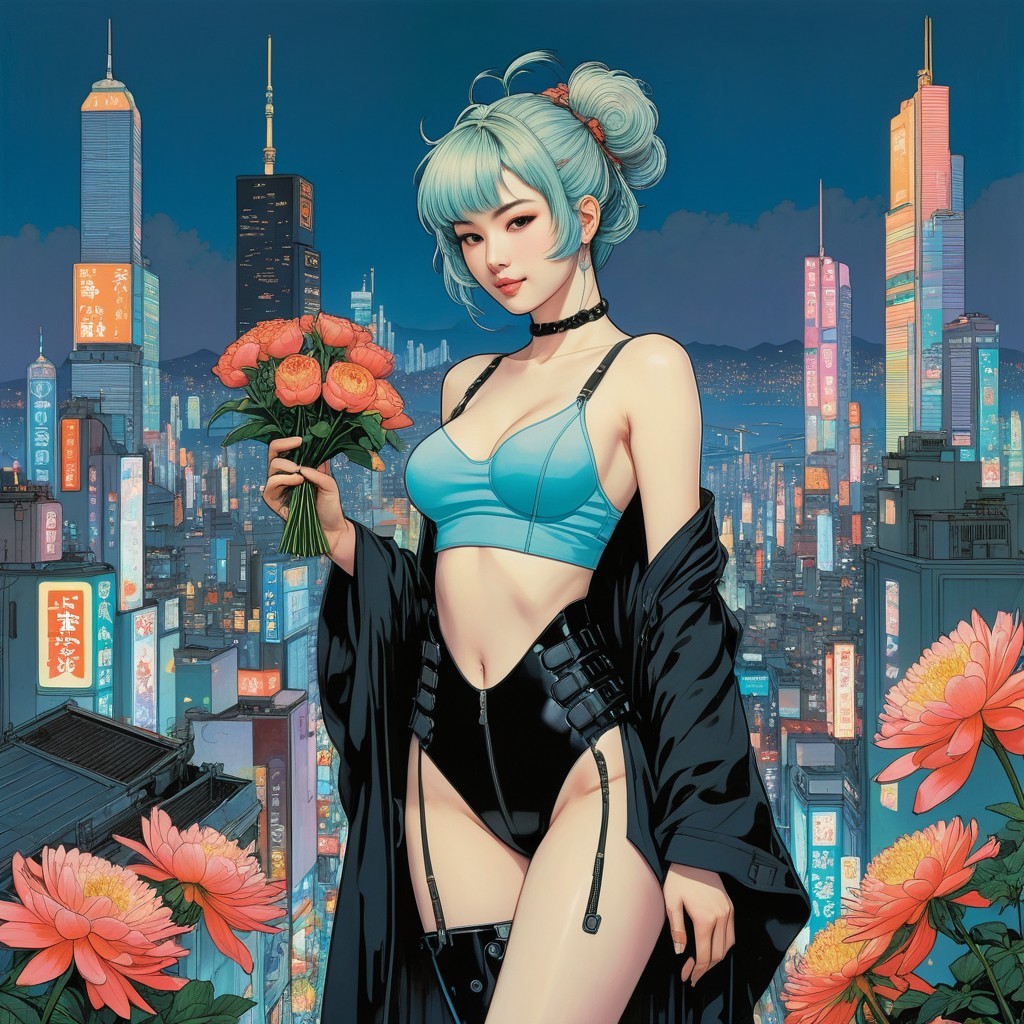 Figure in Neon Cityscape with Blue Hair and Roses